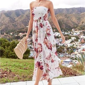 WHITE STRAPLESS PINK FLORAL SMOCKED DRESS